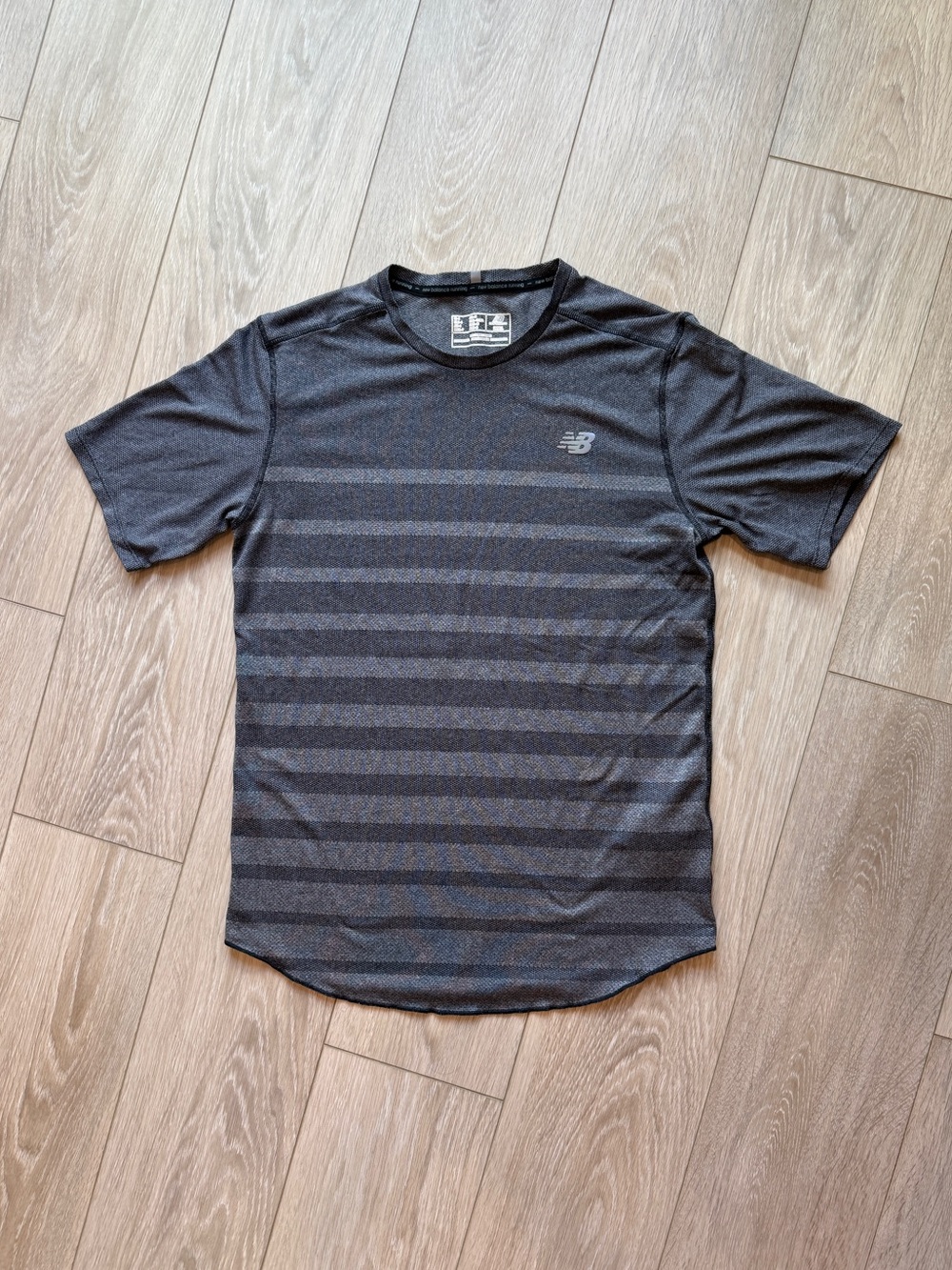 New Balance Men's Small S Grey Striped Running Shirt Short Sleeve Training Tee